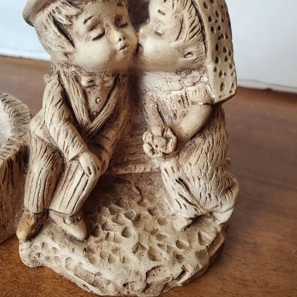 Ricardo Vintage Wood Carving Votive Candle Holder Fancy Couple Kissing On Bench